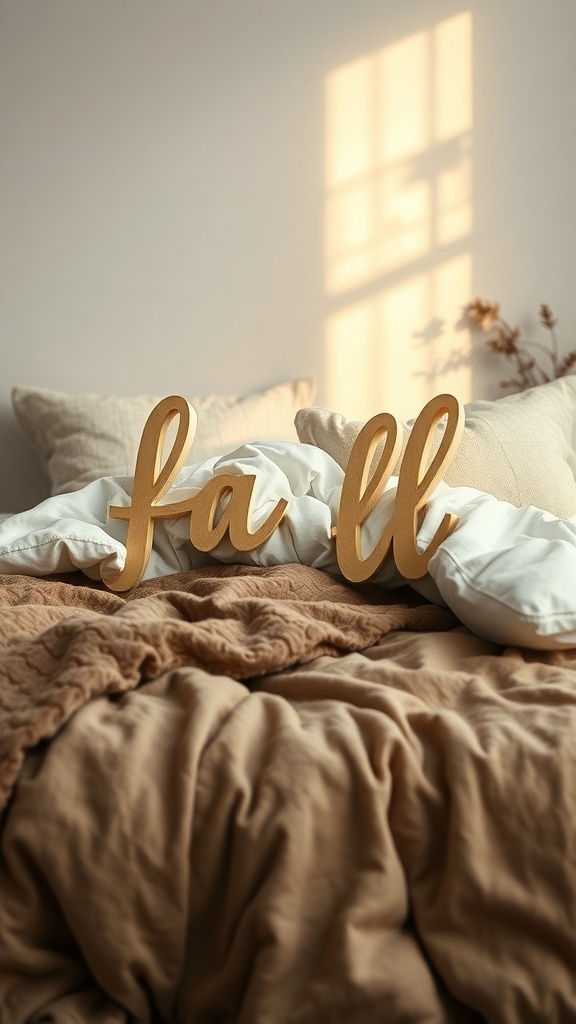 Cozy bed with layered bedding and wooden letters spelling 'fall'