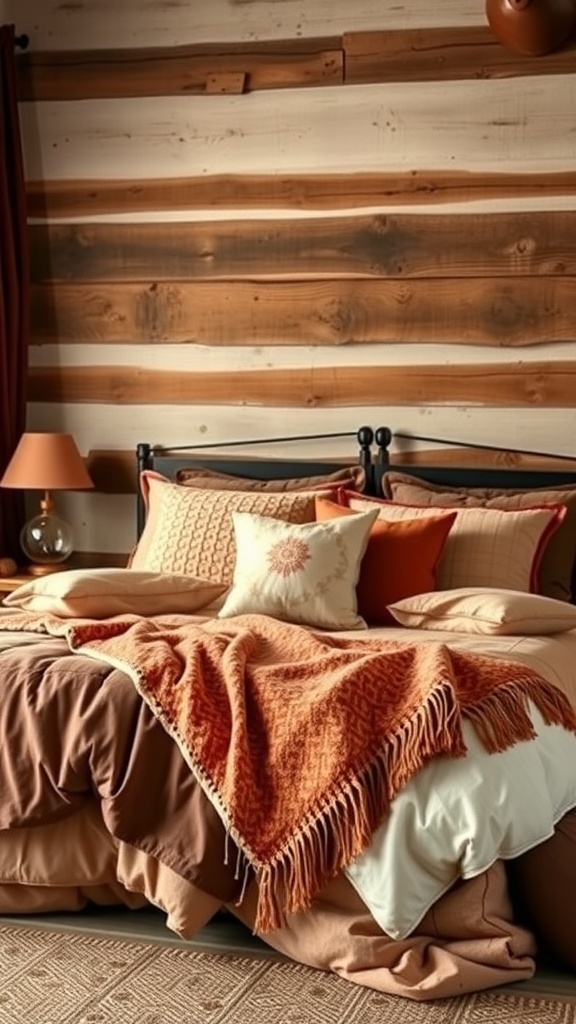 A rustic bedroom featuring layered bedding with warm colors and textures.