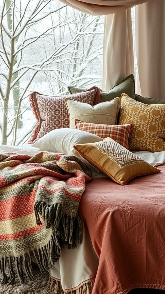 A cozy winter bedroom with layered bedding, featuring a variety of pillows and a warm blanket.