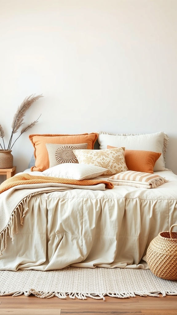 A cozy boho-style bed with layered bedding textures in warm tones.