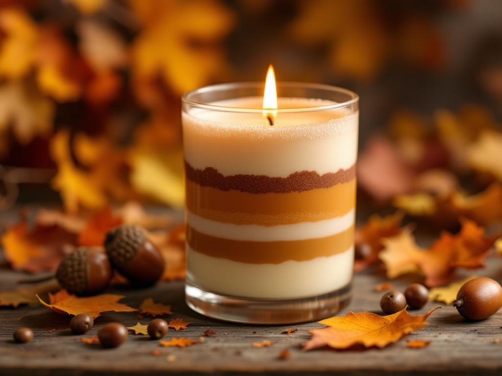 A layered candle with warm colors surrounded by autumn leaves and acorns.