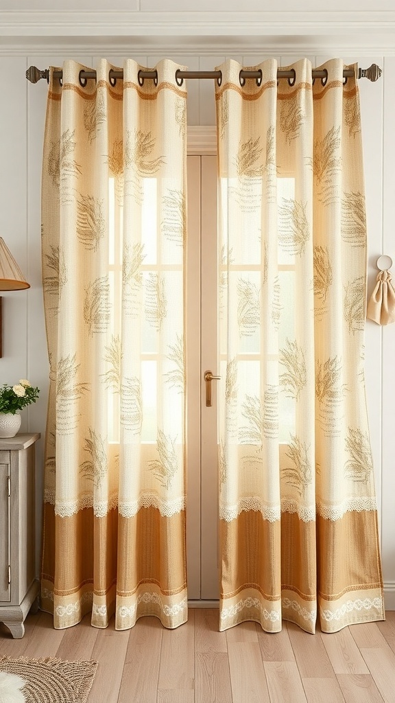 Layered farmhouse kitchen curtains with a floral design.