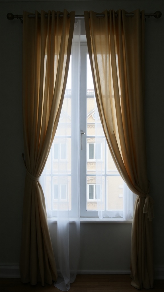 Layered curtains in soft beige and sheer white, framing a window.