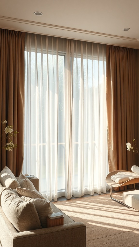 A living room with layered curtains in warm tones, featuring sheer and heavy drapes, creating a cozy atmosphere.