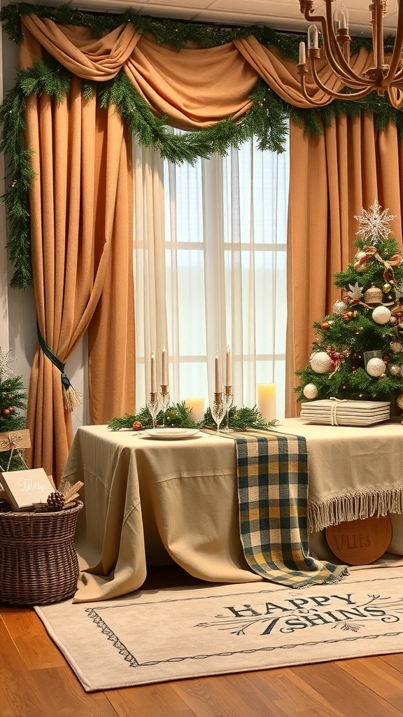A cozy holiday setup featuring layered fabrics, including draped curtains and a plaid throw.