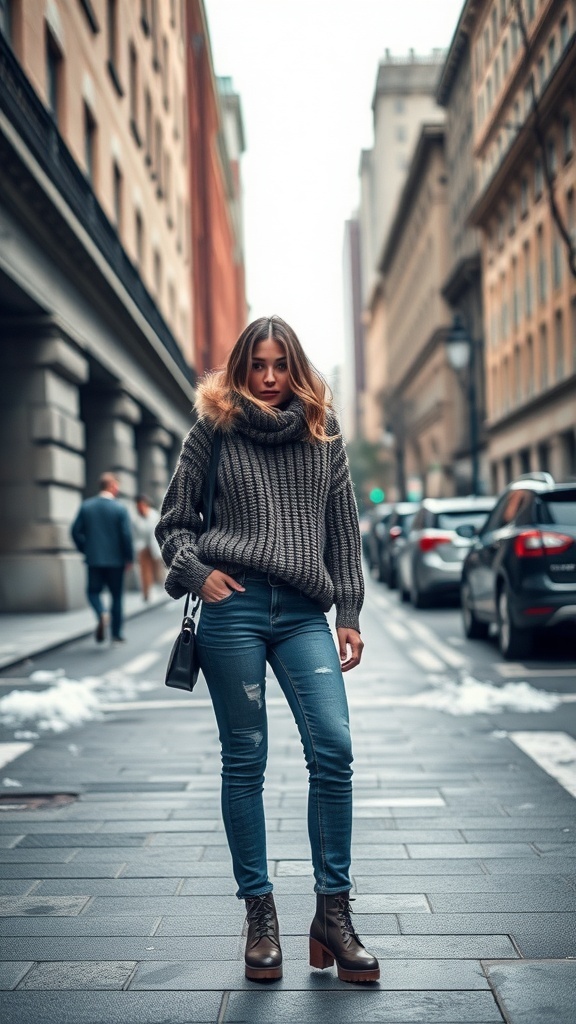 A woman wearing a cozy gray knit sweater and blue jeans, standing on a city street with brown ankle boots.