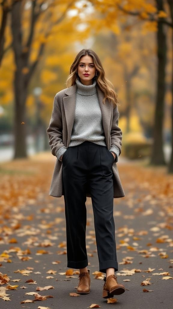 A woman in a cozy knit sweater and tailored trousers walking on a leaf-covered path in fall.