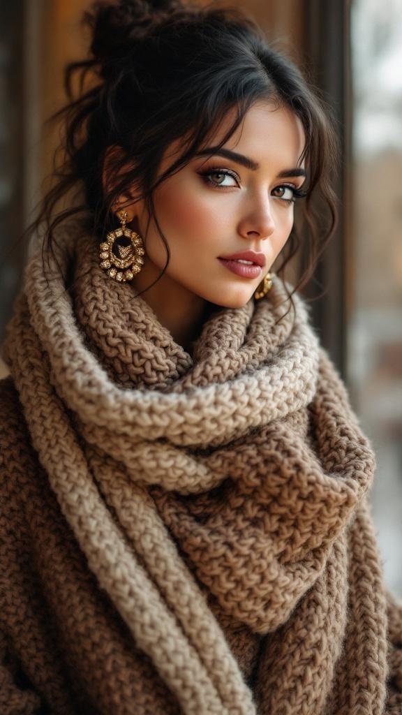 A woman wearing a chunky knit scarf and statement earrings, showcasing a casual chic outfit.