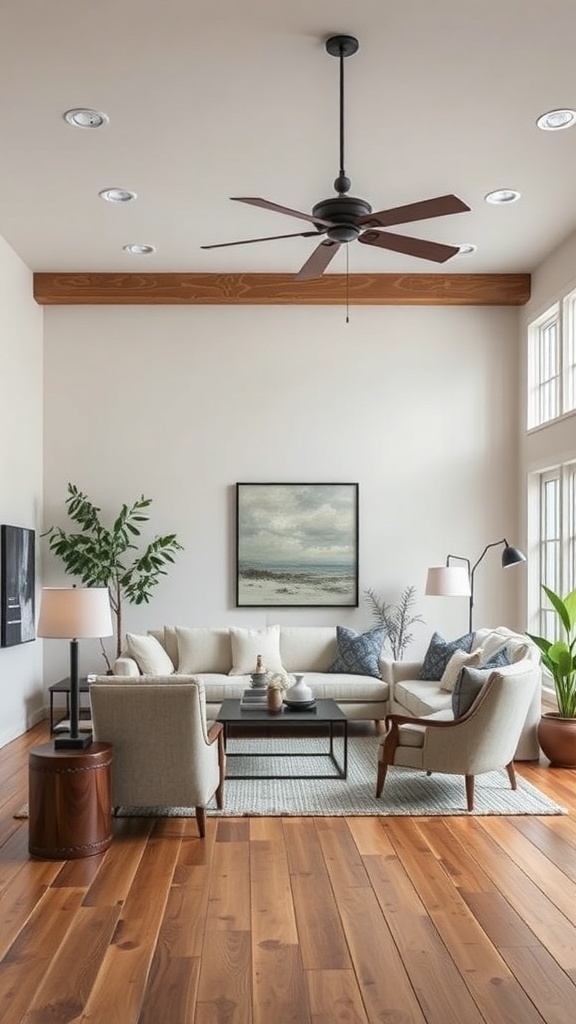 A contemporary farmhouse living room with layered lighting, featuring a ceiling fan, table lamps, and natural wood flooring.