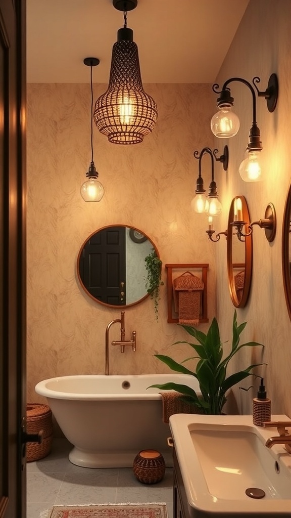 A rustic boho bathroom featuring layered lighting with pendant and wall sconces.