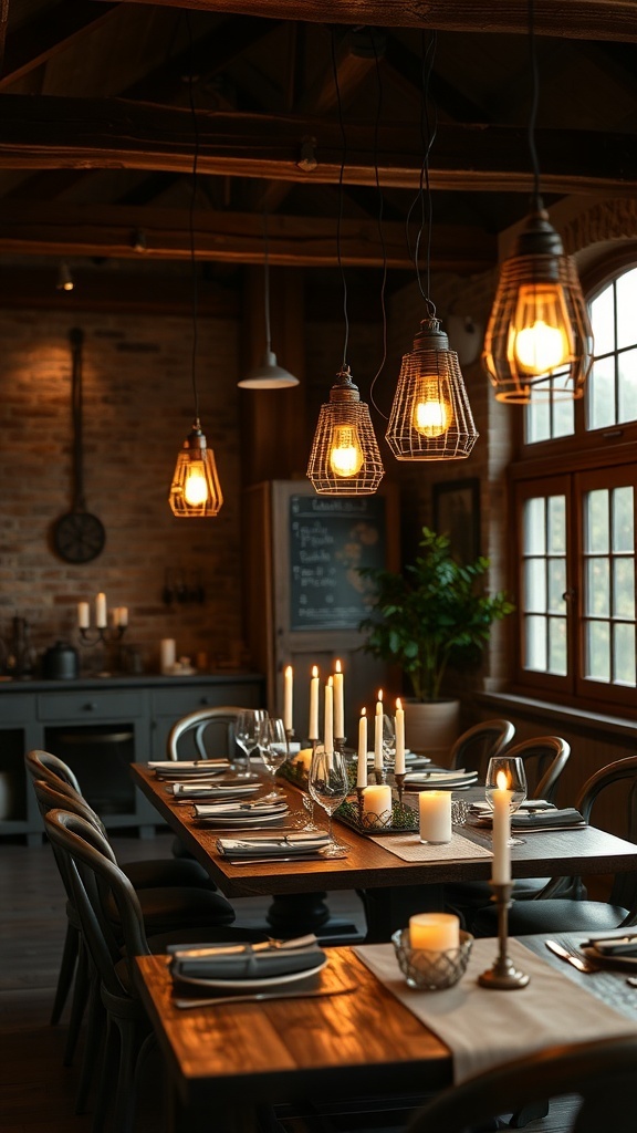 A rustic chic dining area with layered lighting, featuring pendant lights and candles on the table.