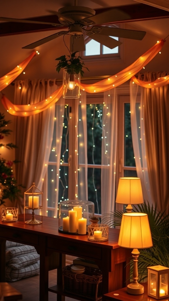 Cozy winter decor with layered lighting, including string lights, candles, and lamps.