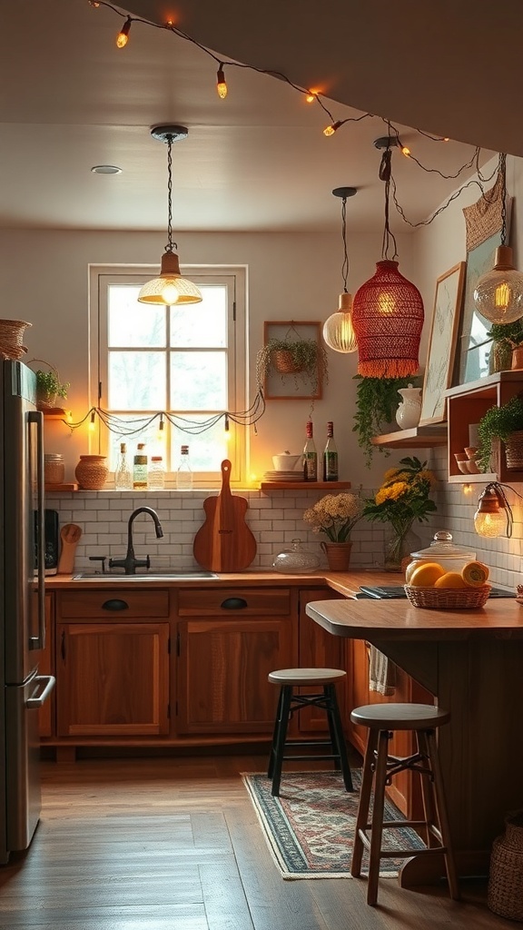 A cozy boho kitchen with layered lighting fixtures, including pendant lights and string lights, creating a warm atmosphere.