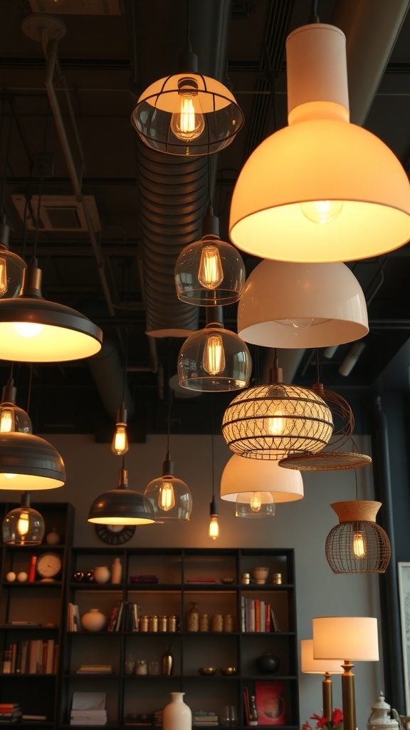 A variety of hanging light fixtures in a cozy room setting.