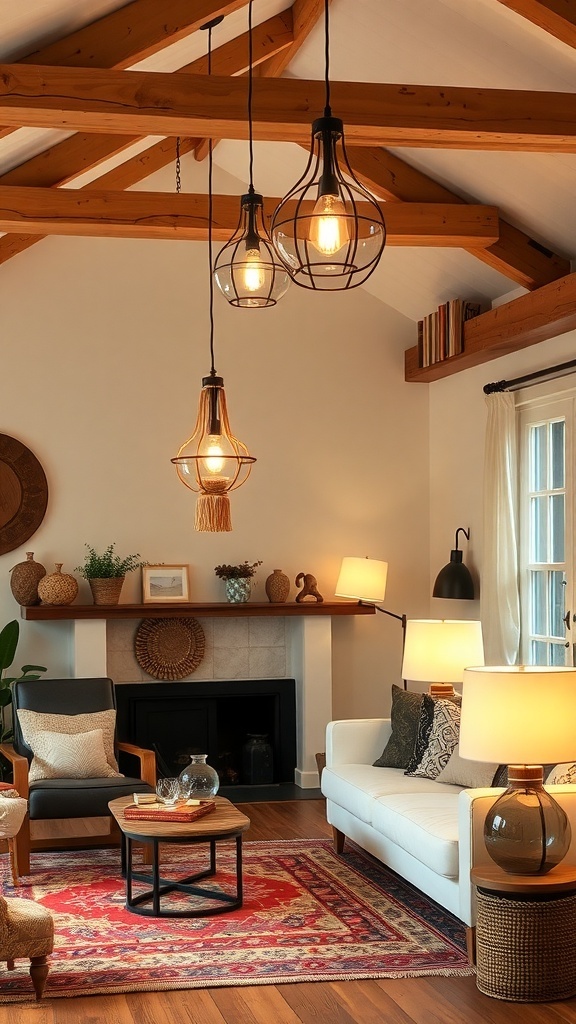 A cozy farmhouse boho living room with layered lighting fixtures.