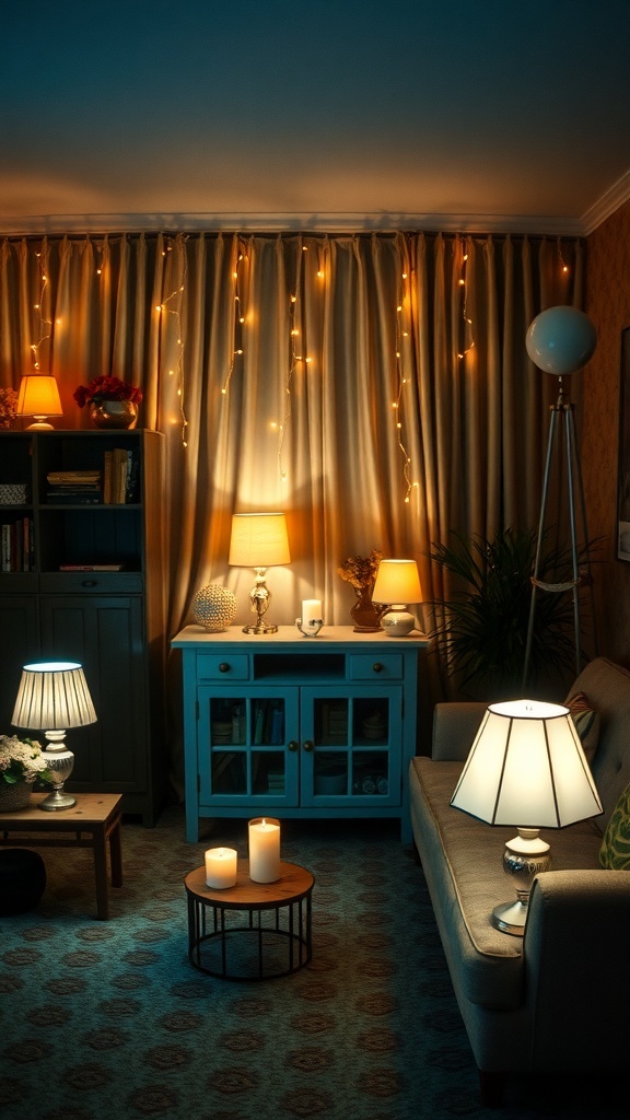 Cozy winter room with layered lighting, including lamps and string lights.