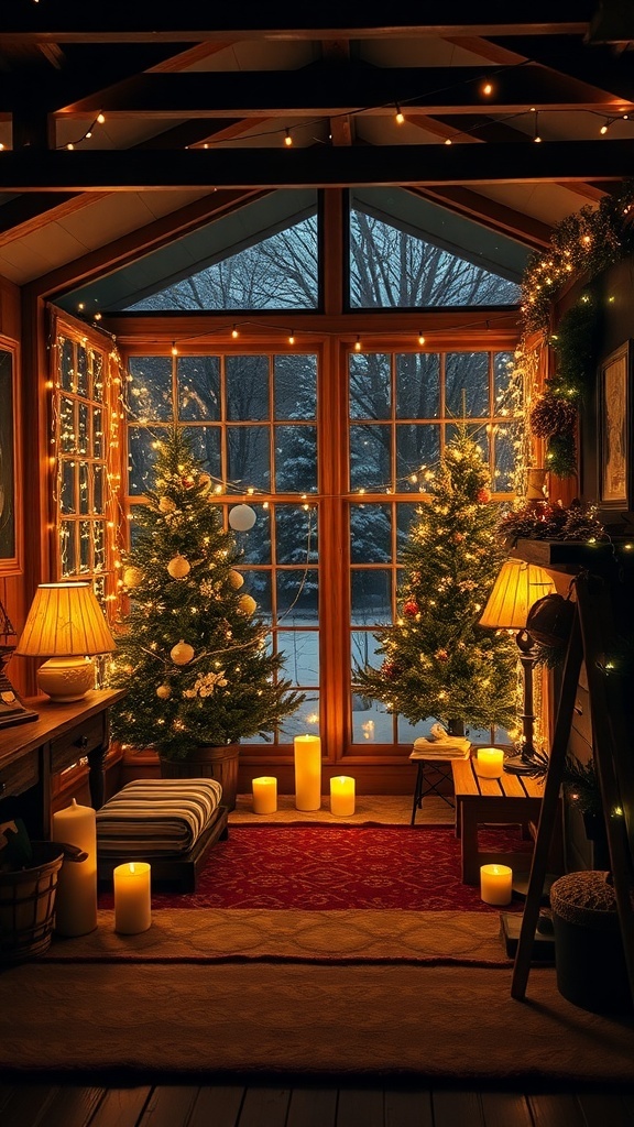 A cozy winter room with two Christmas trees, soft lighting, and candles.