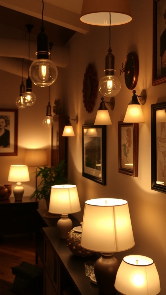 A cozy room with various lamps providing layered lighting.