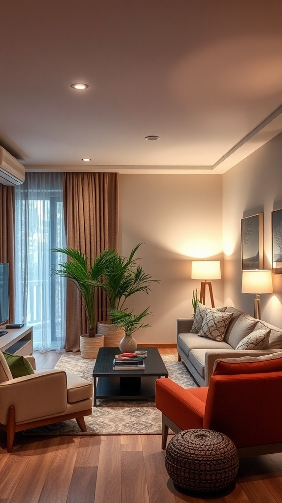 A cozy living room with layered lighting, featuring a sofa, chairs, and plants.