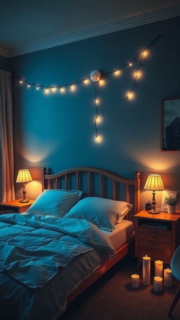 A cozy fall bedroom with string lights, bedside lamps, and candles creating a warm atmosphere.