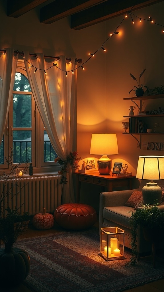 Cozy fall living room with layered lighting, featuring lamps, string lights, and candles.