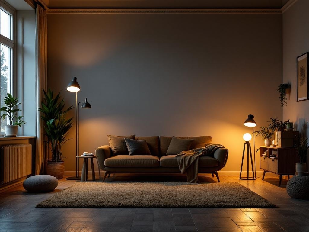 Cozy living room with layered lighting, featuring a sofa, floor lamps, and plants.