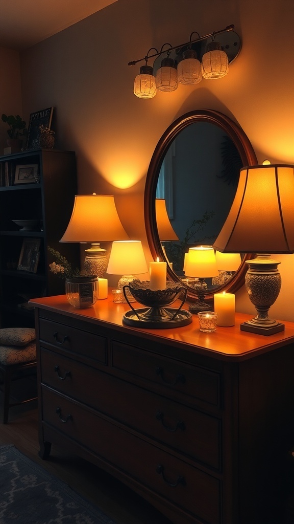 A beautifully decorated bedroom dresser with layered lighting, including lamps and candles.