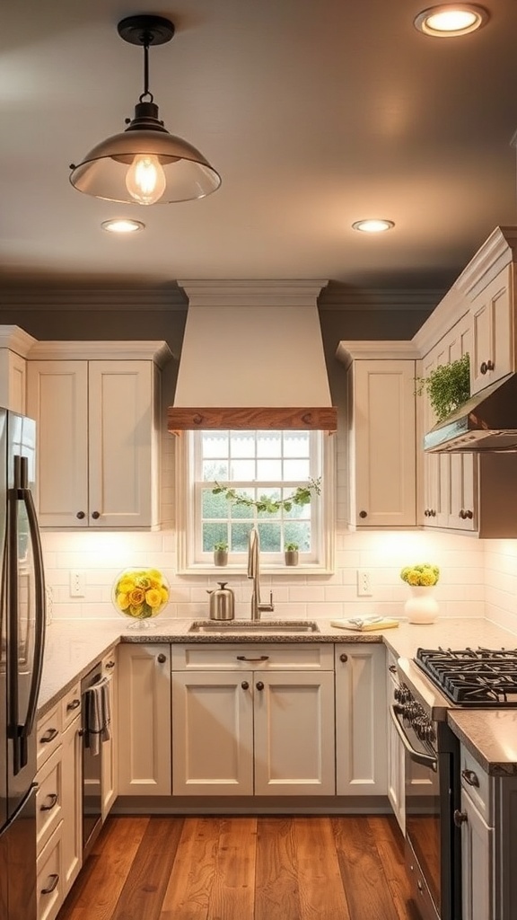 Moody farmhouse kitchen with layered lighting and warm tones.