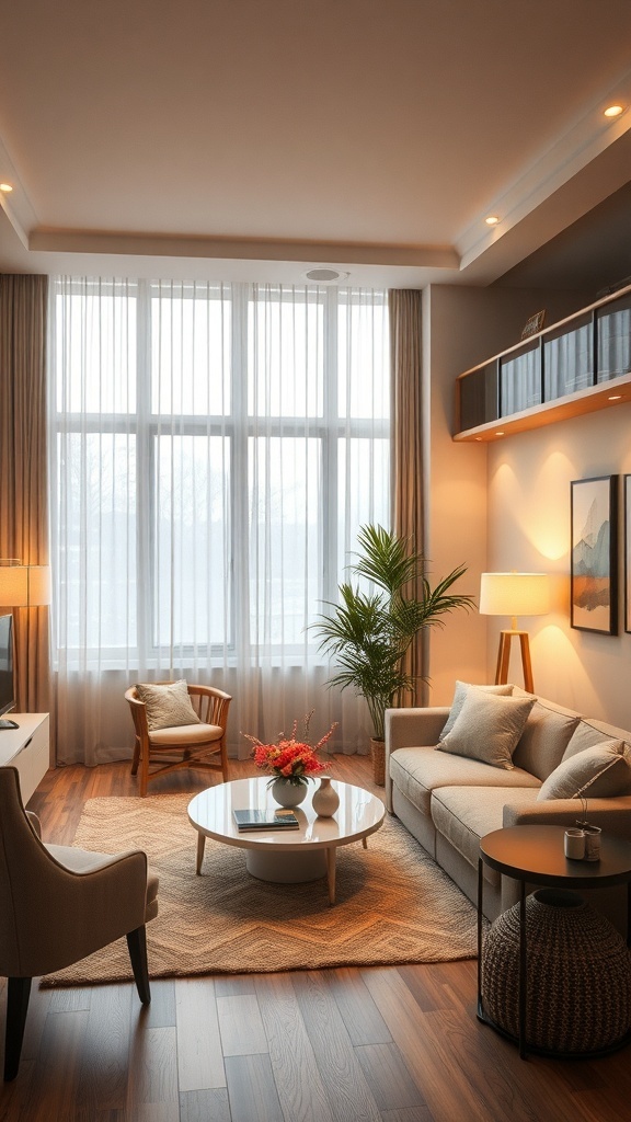 A cozy industrial farmhouse living room with layered lighting, featuring a sofa, coffee table, and plants.