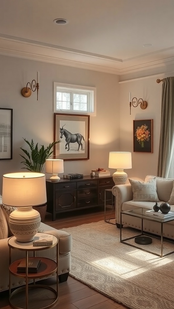 A cozy rustic French country living room with layered lighting, featuring lamps and wall sconces.
