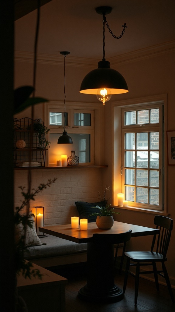 A cozy kitchen nook with layered lighting, featuring pendant lamps and candles.