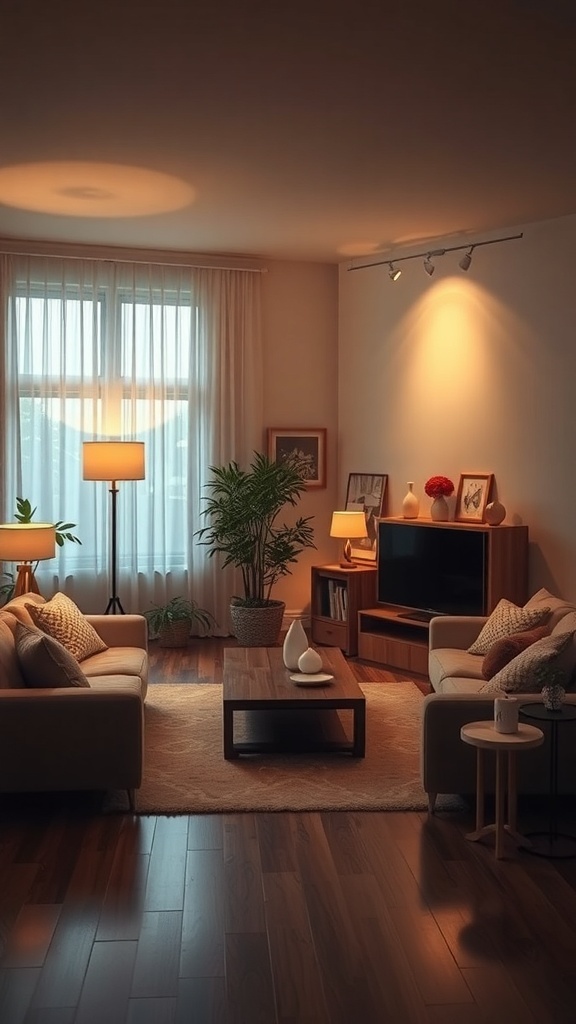 Cozy living room with layered lighting, featuring a floor lamp, spotlights, and a warm color palette.