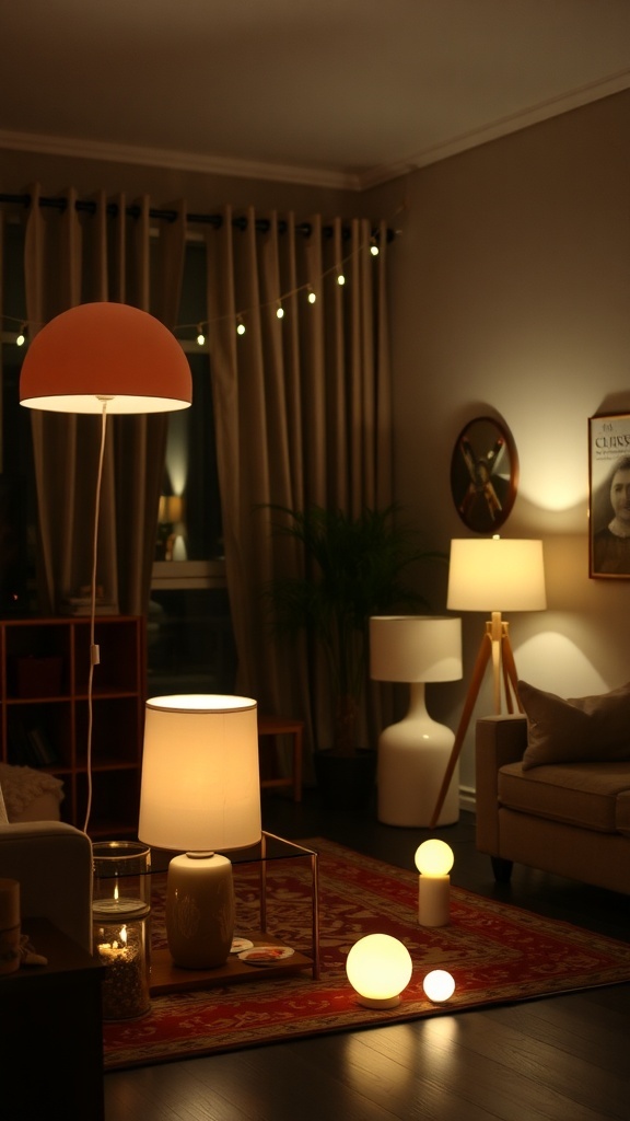 Cozy living room with layered lighting, featuring various lamps and string lights.