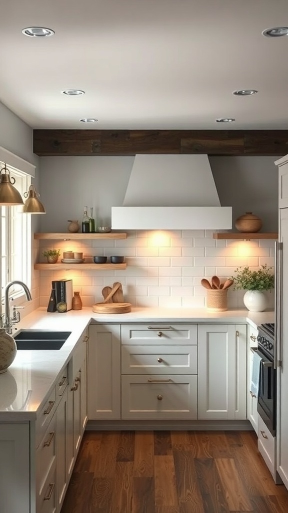 A bright farmhouse kitchen with layered lighting, featuring recessed lights and pendant fixtures.
