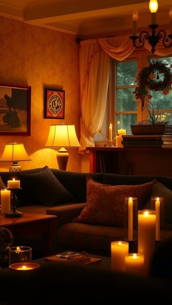 Cozy living room with layered lighting, featuring table lamps, candles, and a window with a wreath.