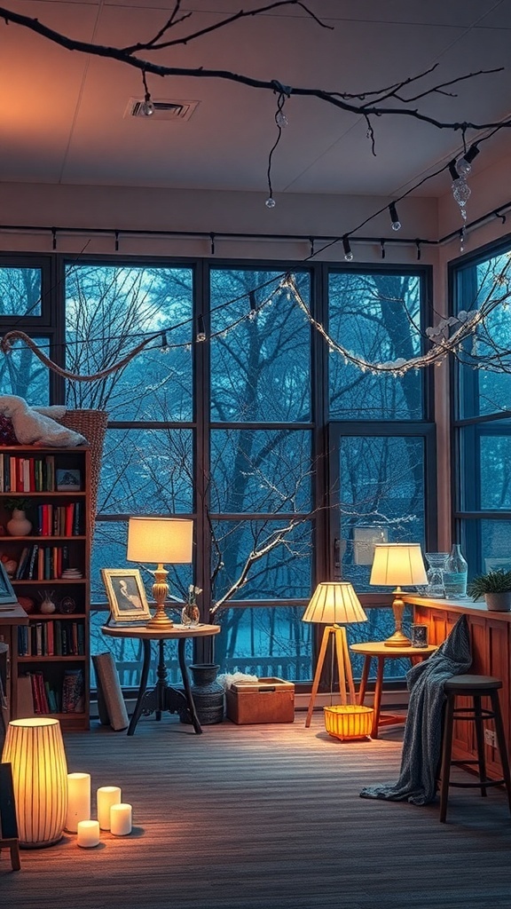 A cozy winter room with layered lighting, featuring lamps and string lights.