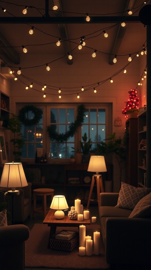 Cozy living room with layered lighting, including string lights, table lamps, and candles, creating a warm atmosphere.