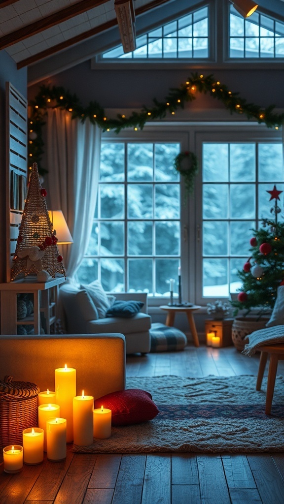 A cozy living room with candles, soft lighting, and winter decorations.