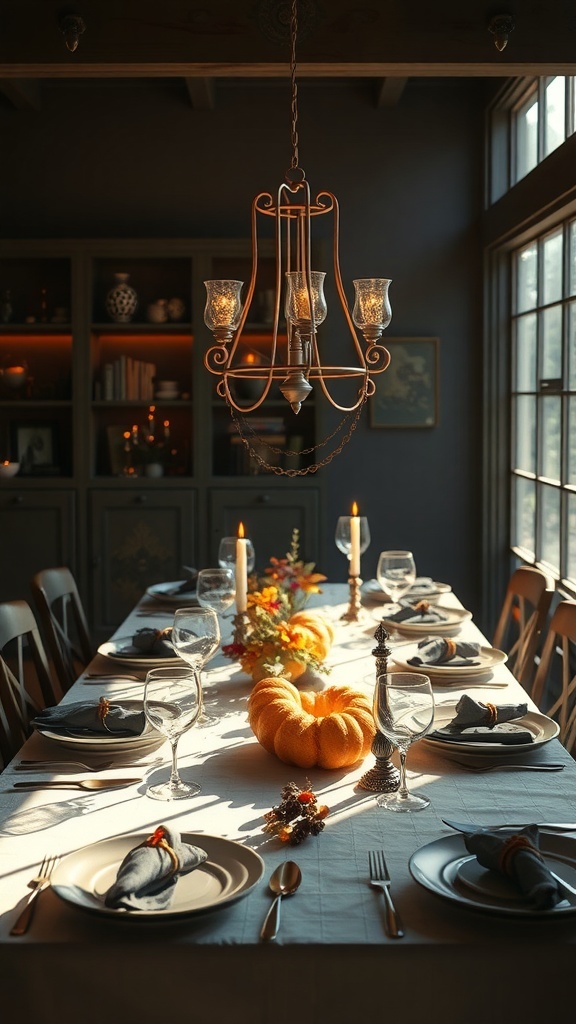 A beautifully set Thanksgiving table with a chandelier and natural light, featuring pumpkins and floral arrangements.