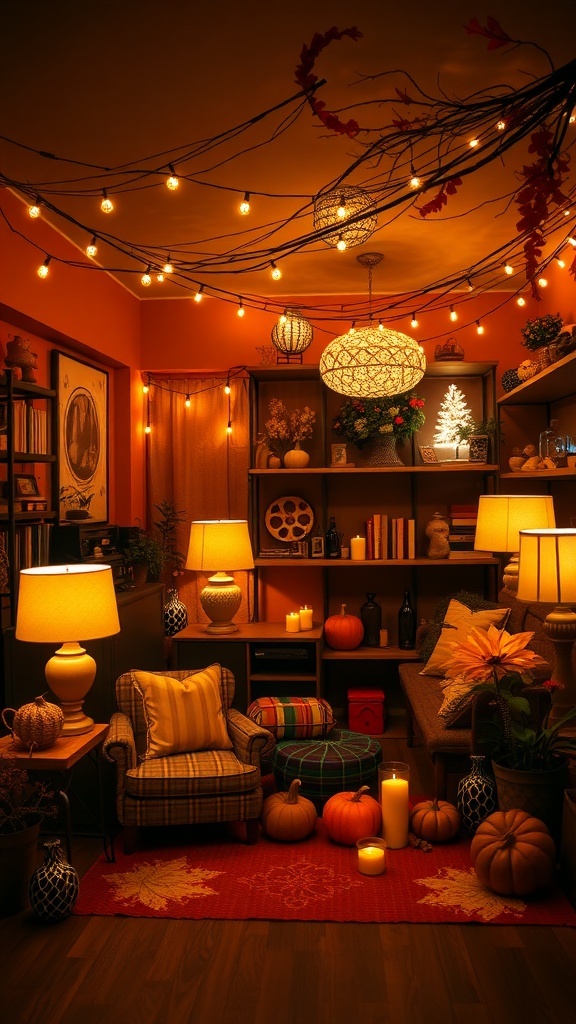 Cozy fall room with layered lighting, featuring lamps, string lights, and candles.