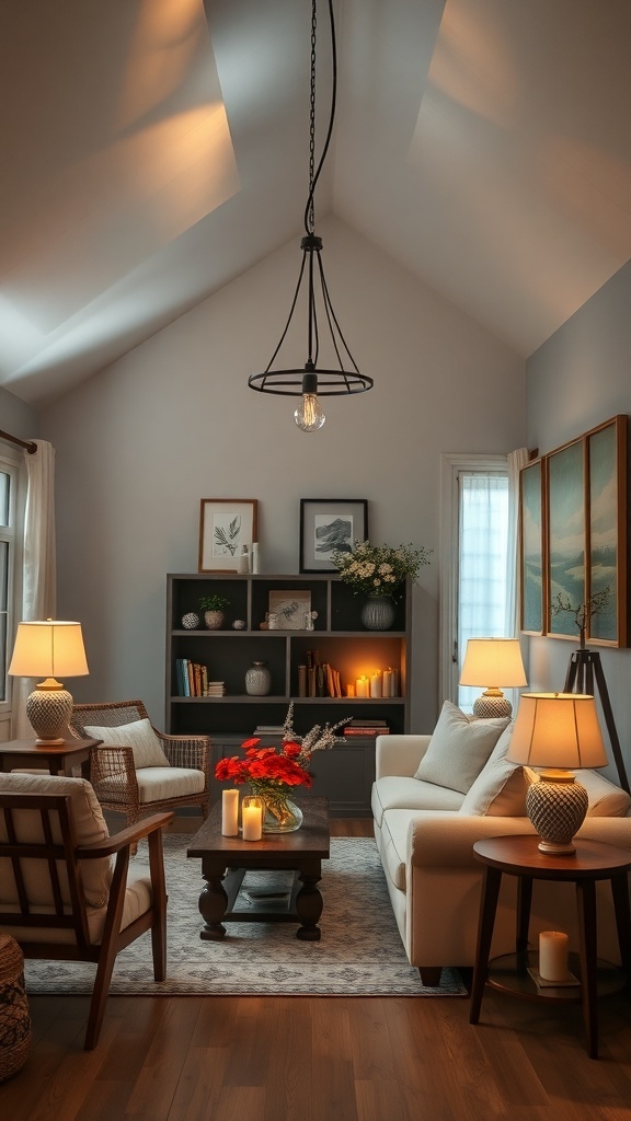 Cozy cottage living room with layered lighting, featuring a pendant light, table lamps, and candles.