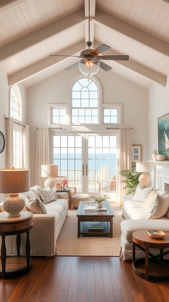 A bright coastal farmhouse living room with a ceiling fan, table lamps, and large windows.