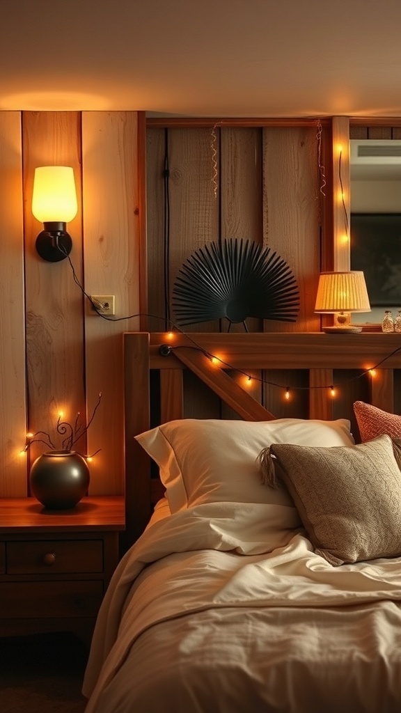 Cozy rustic bedroom with layered lighting options including wall sconces, table lamps, and string lights.