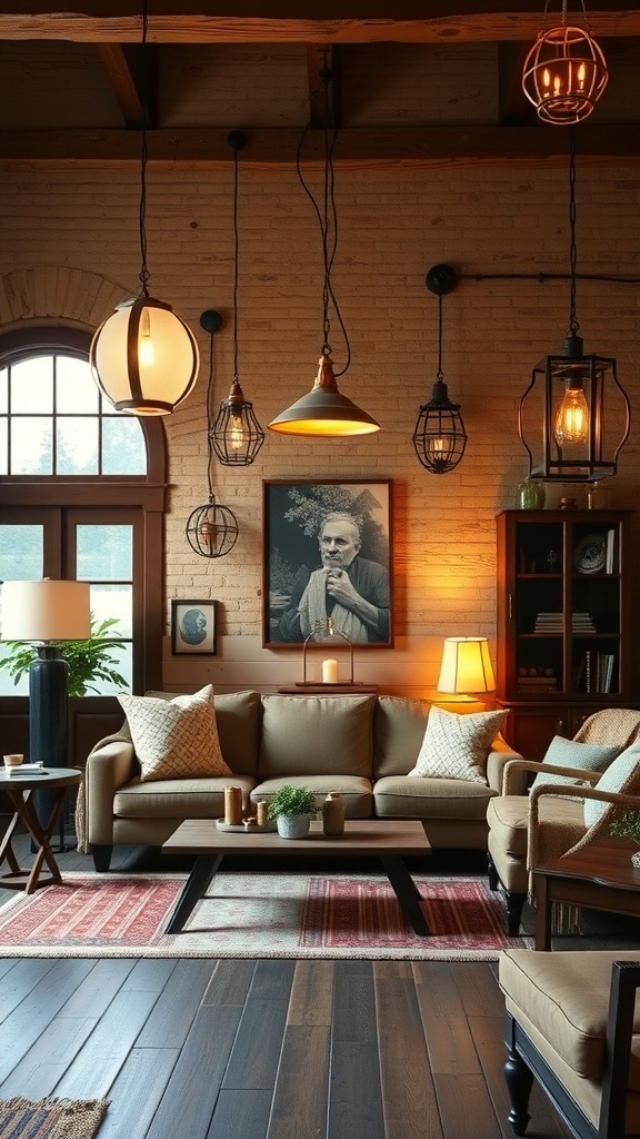 A rustic living room featuring various layered lighting options, including pendant lights and table lamps.