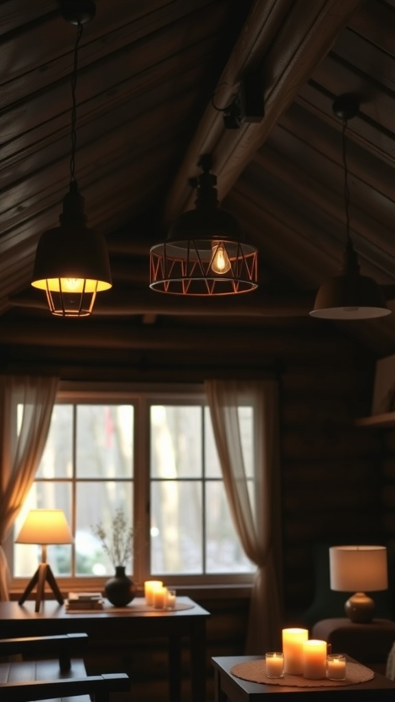 Cozy cabin interior with layered lighting featuring pendant lights, table lamps, and candles.
