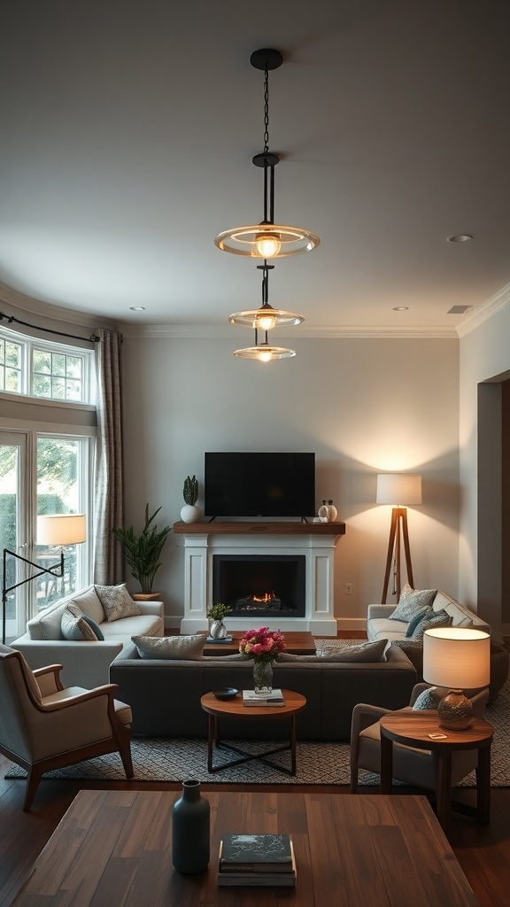 A modern farmhouse living room showcasing layered lighting with pendant lights, table lamps, and a cozy fireplace.