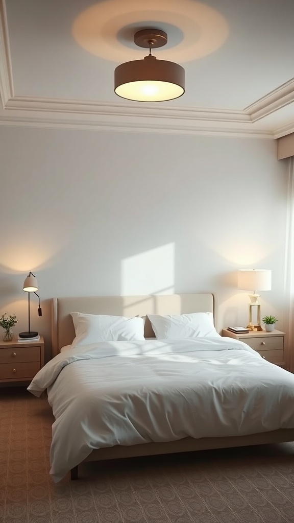 A minimalist bedroom featuring layered lighting with a ceiling fixture and bedside lamps.