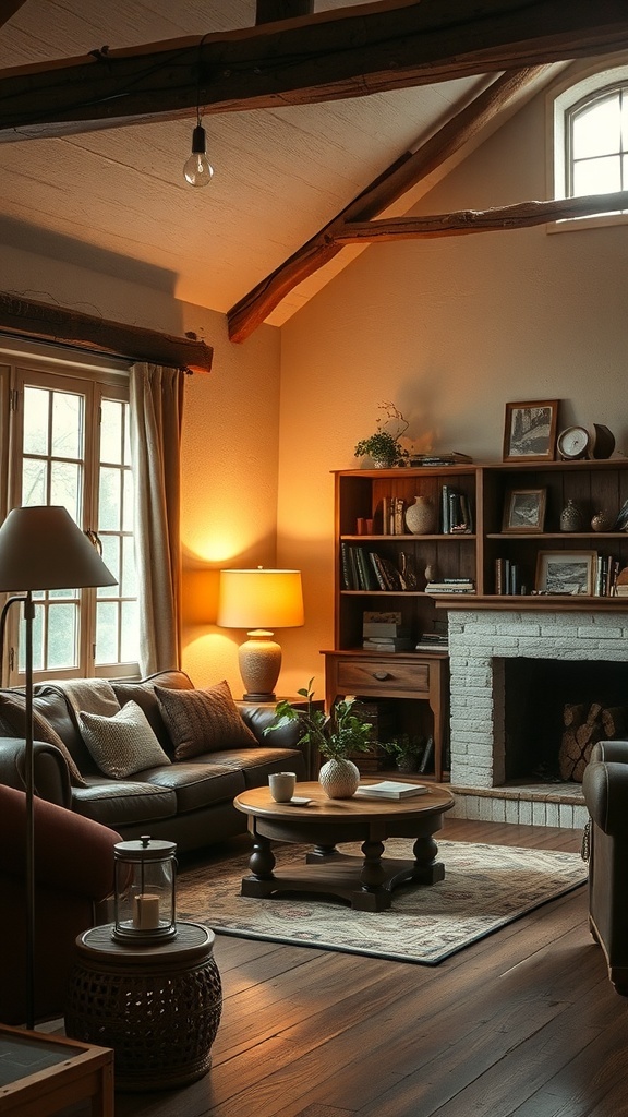A cozy rustic living room with layered lighting, featuring a sofa, coffee table, and a warm glow from lamps.
