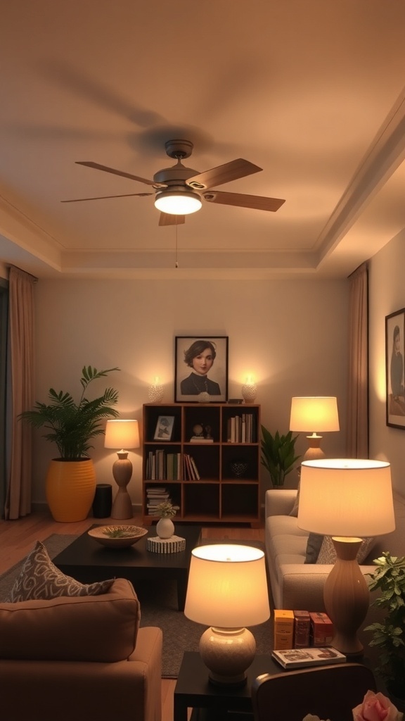 A cozy winter living room with layered lighting, featuring a ceiling fan light, table lamps, and a warm color palette.