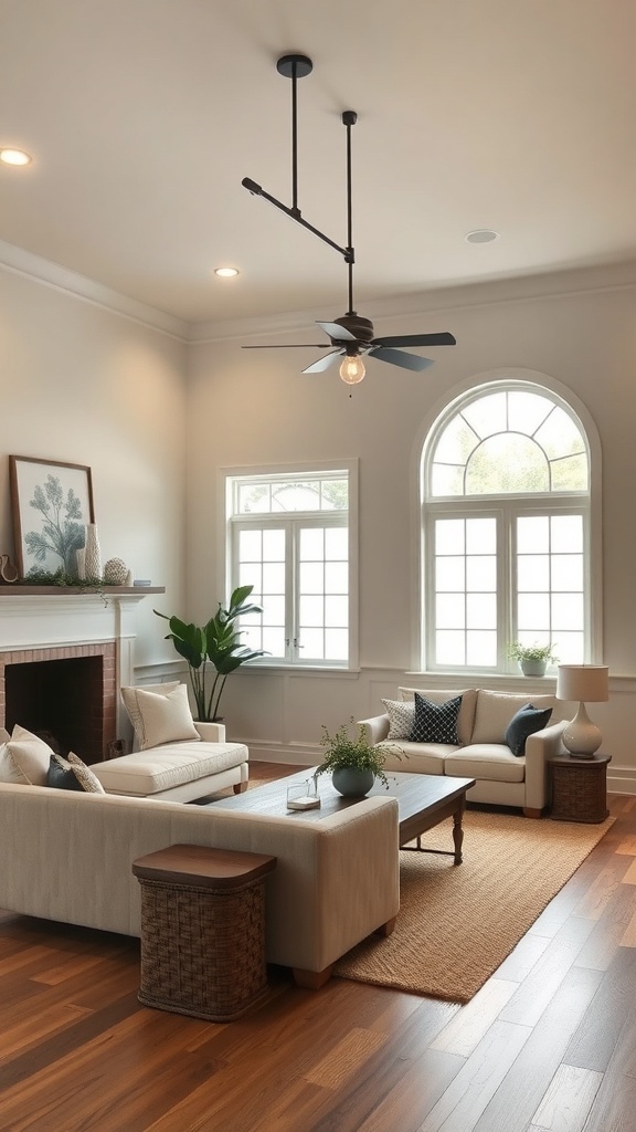 A beautifully decorated living room featuring layered lighting with a ceiling fan and various light sources.